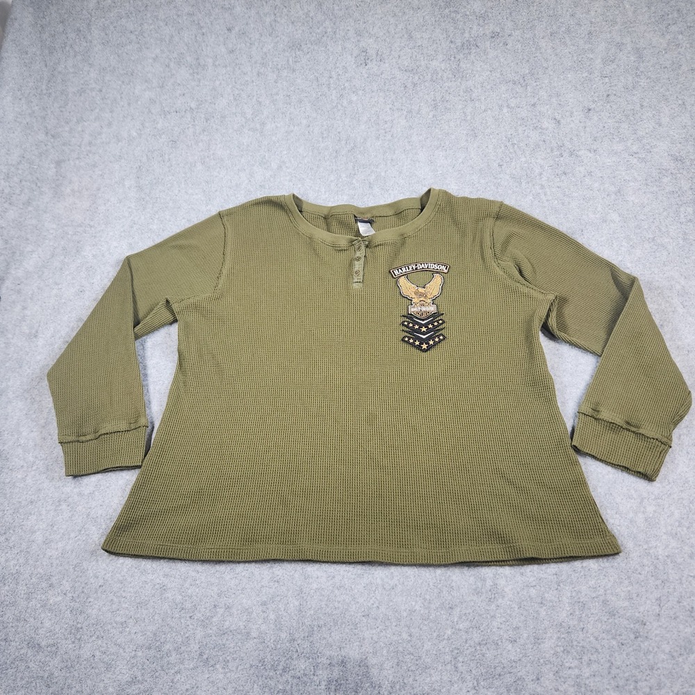 Harley-Davidson Henley Shirt Womens 2X Green Waffle Thermal Long Sleeve Patch